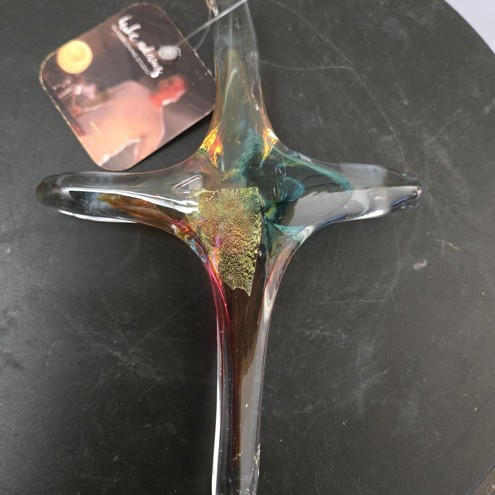 Like Adams Handcrafted Hand Blown Glass Art Cross with Multicolor Dichroic Glass